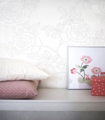 colección de papel pintado duro floral rosal en mate gris fondo blanco