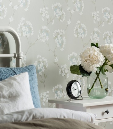 colección de papel pintado duro floral mate verde grisaceo blanco y azul aguamarina