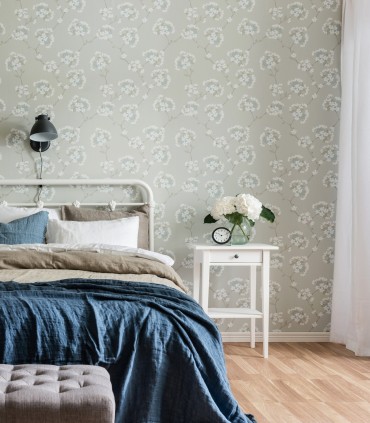 colección de papel pintado duro floral mate verde grisaceo blanco y azul aguamarina