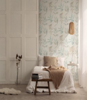 colección de papel pintado marburg  ecologico hojas azul aguamarina y greige