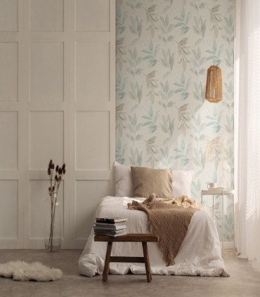 colección de papel pintado marburg  ecologico hojas azul aguamarina y greige