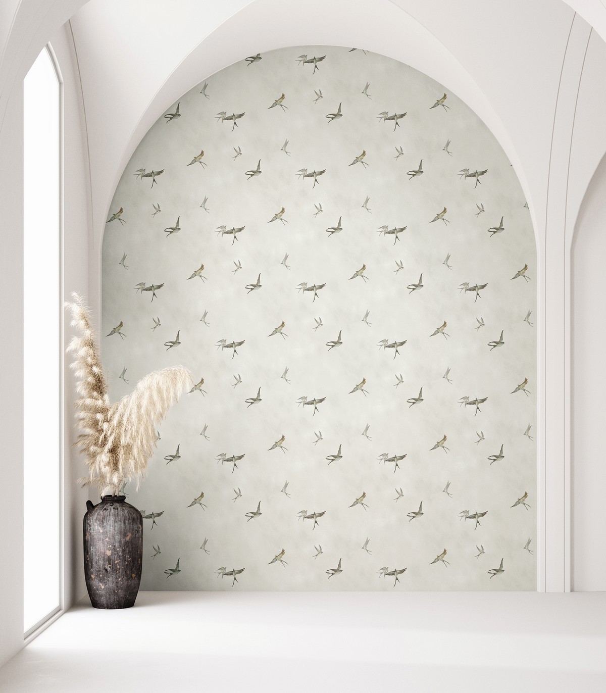 colección de papel pintado marburg  ecologico gorriones greige gris blanco chantilly