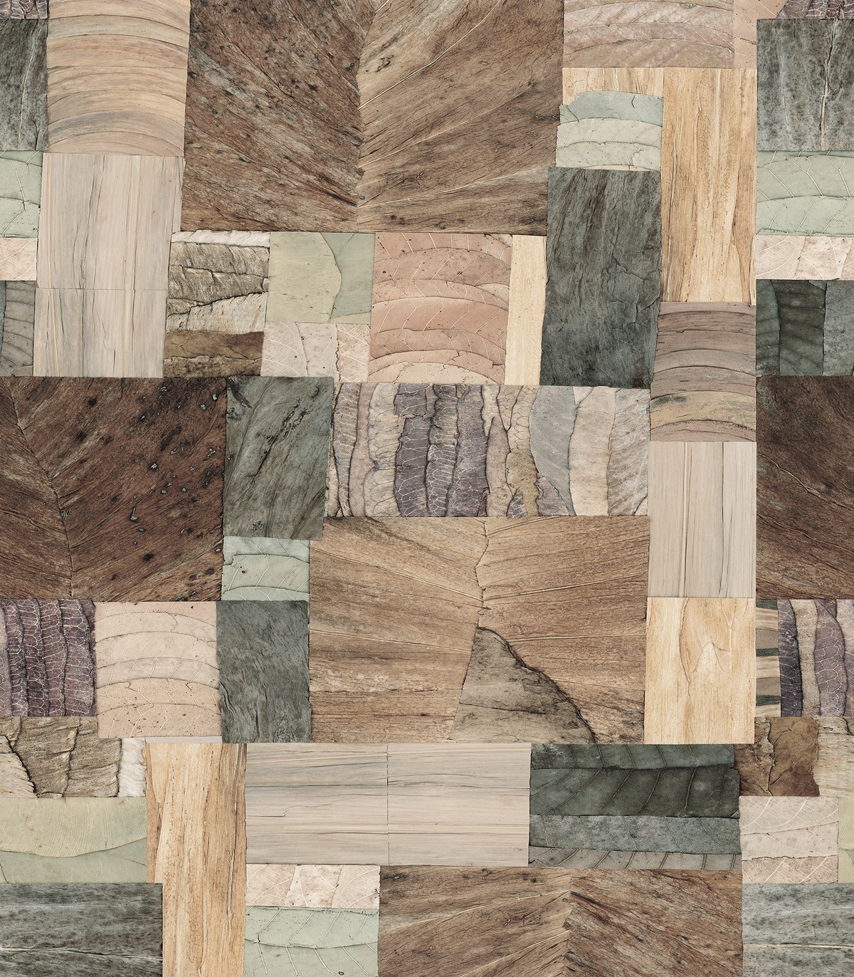 colección de papel pintado marburg  ecologico mural patchwork hojas marrón beige verde greige