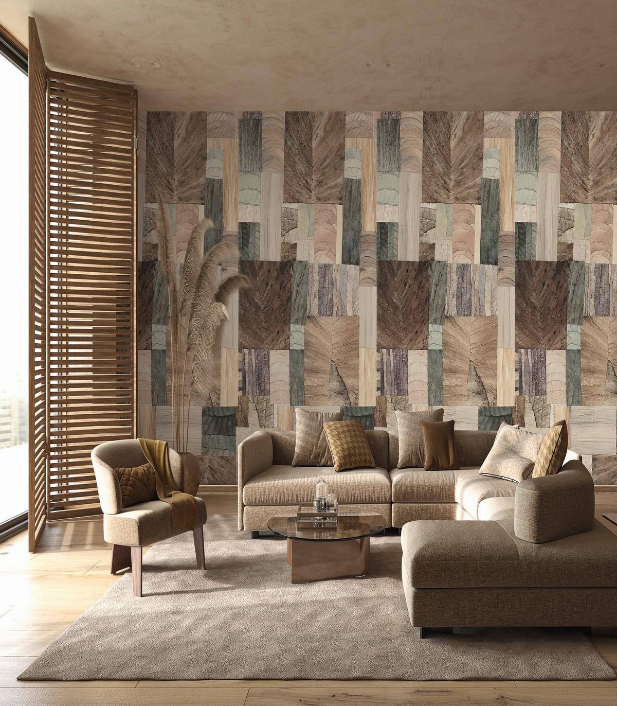 colección de papel pintado marburg  ecologico mural patchwork hojas marrón beige verde greige