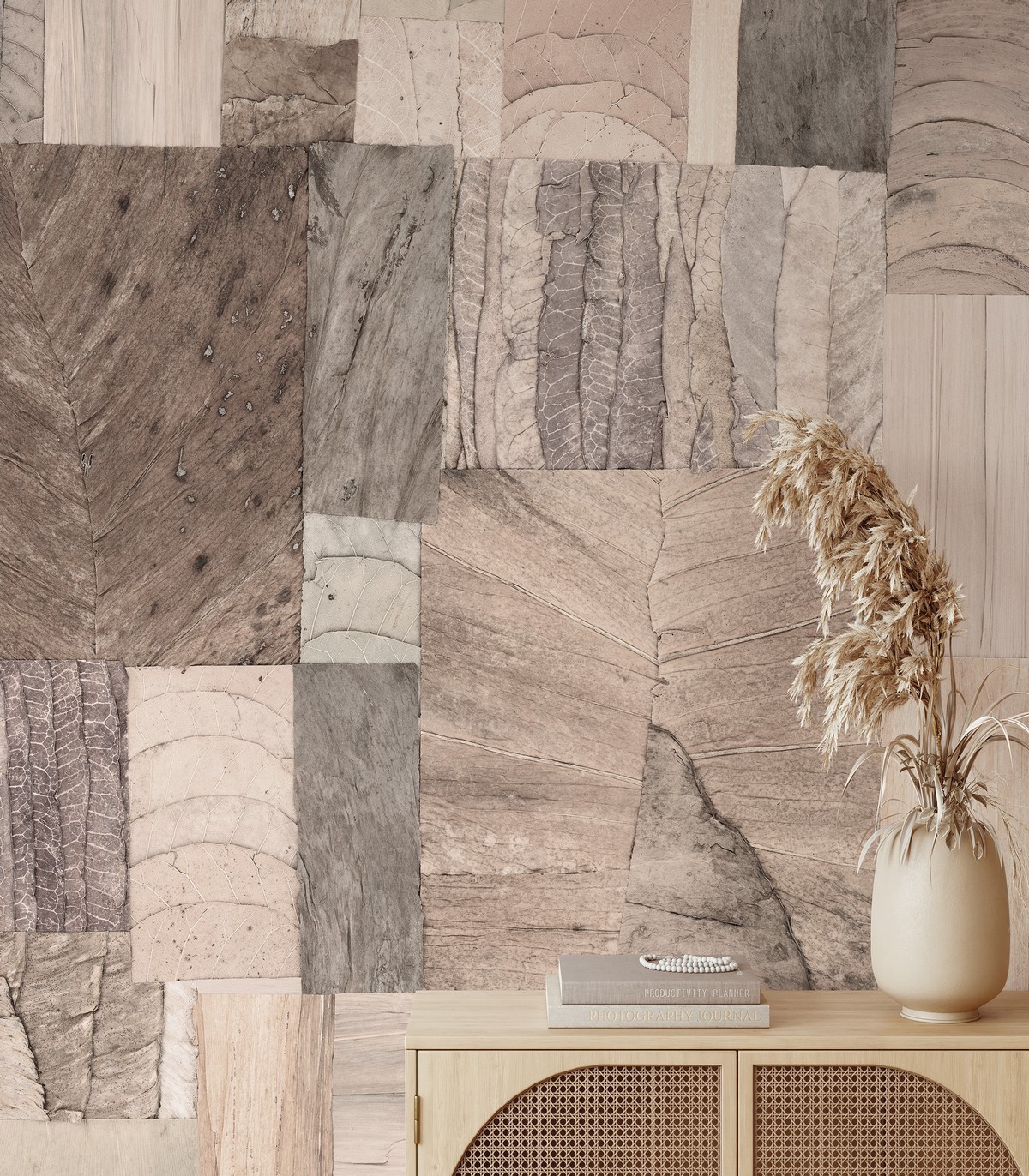 colección de papel pintado marburg  ecologico mural patchwork hojas gris