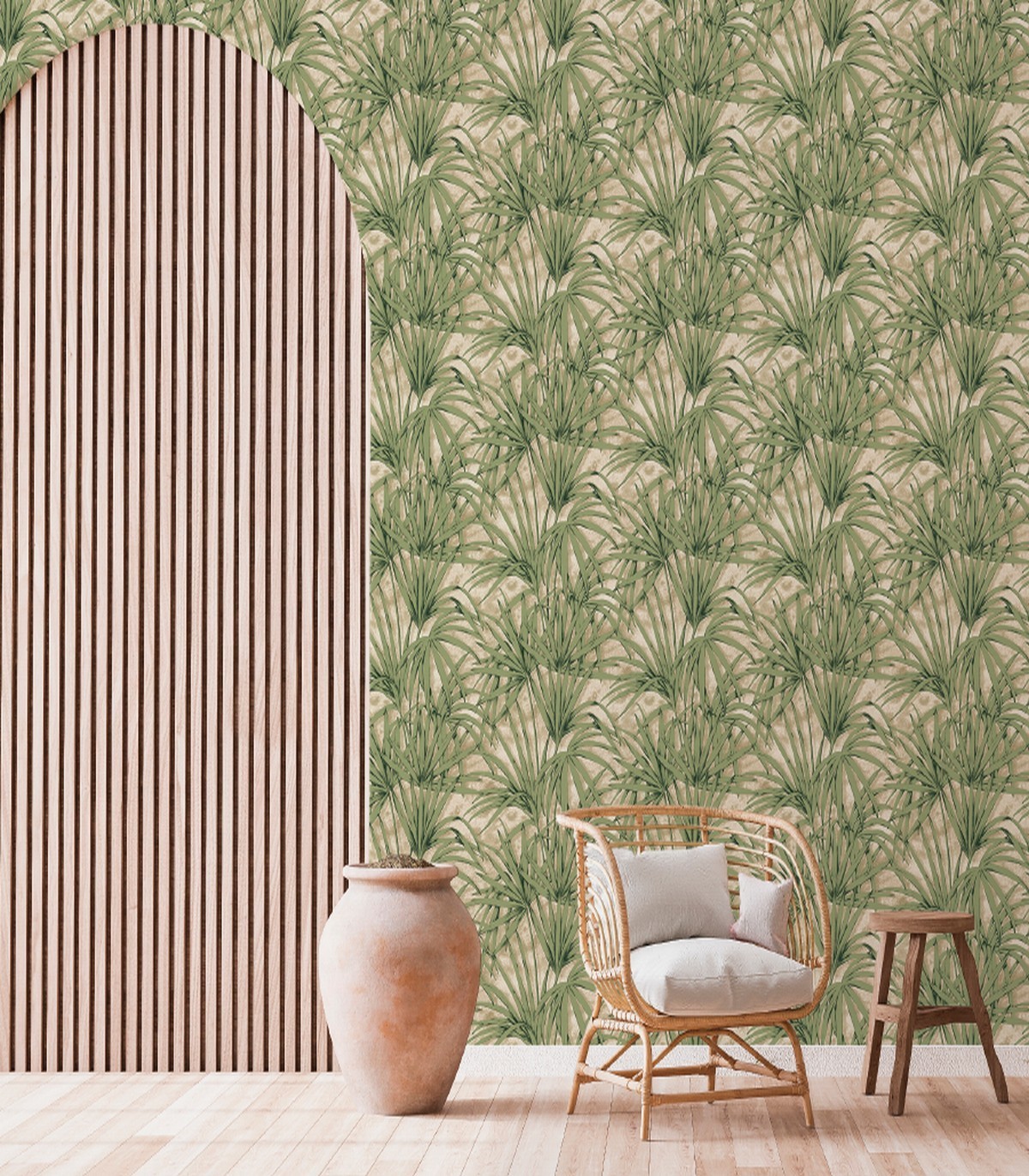 colección de papel pintado zambaiti parati hojas palmera verde y beige