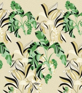 colección de papel pintado zambaiti parati mural hojas verde ocre blanco y beige