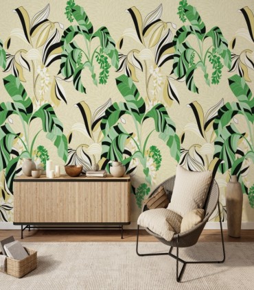 colección de papel pintado zambaiti parati mural hojas verde ocre blanco y beige