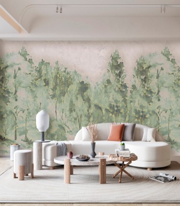 colección de papel pintado zambaiti parati mural arboles acuarela verde y gris claro