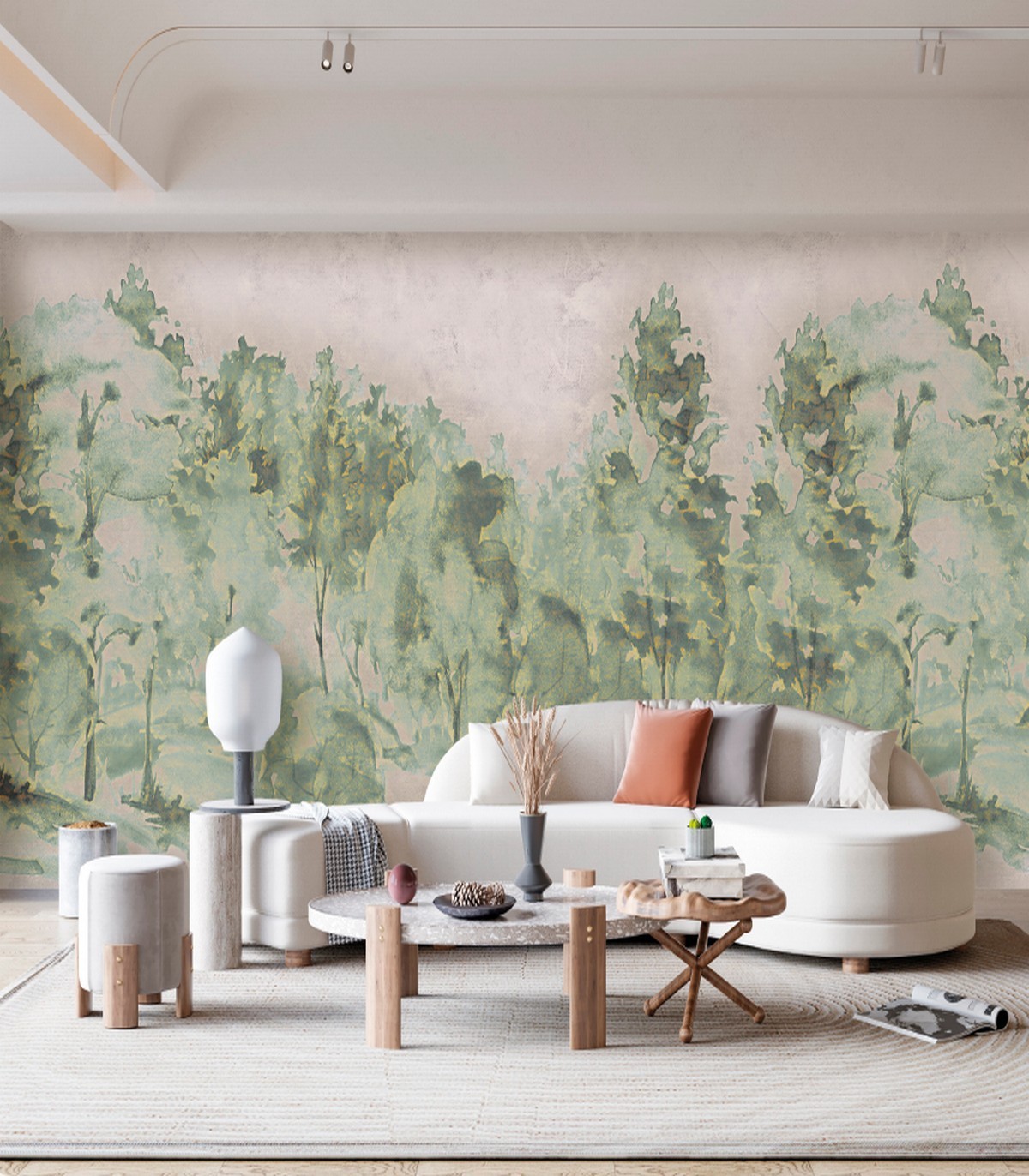 colección de papel pintado zambaiti parati mural arboles acuarela verde y gris claro