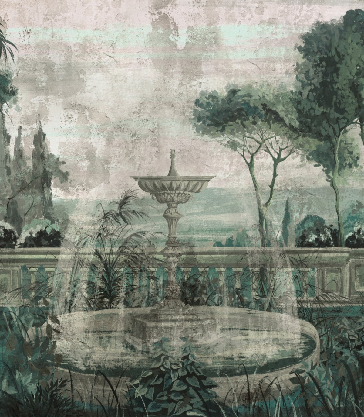colección de papel pintado zambaiti parati mural jardin natura verde y gris azulado