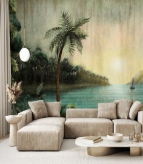 colección de papel pintado zambaiti parati mural tropical verde marrón aguamarina amarillo