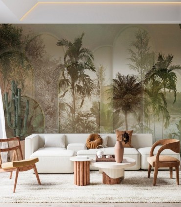colección de papel pintadfo zambaiti parati mural palmeras verde marrón gris