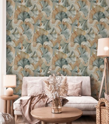 colección de papel pintado zambaiti parati mural hojas verde aguamarina y ocre