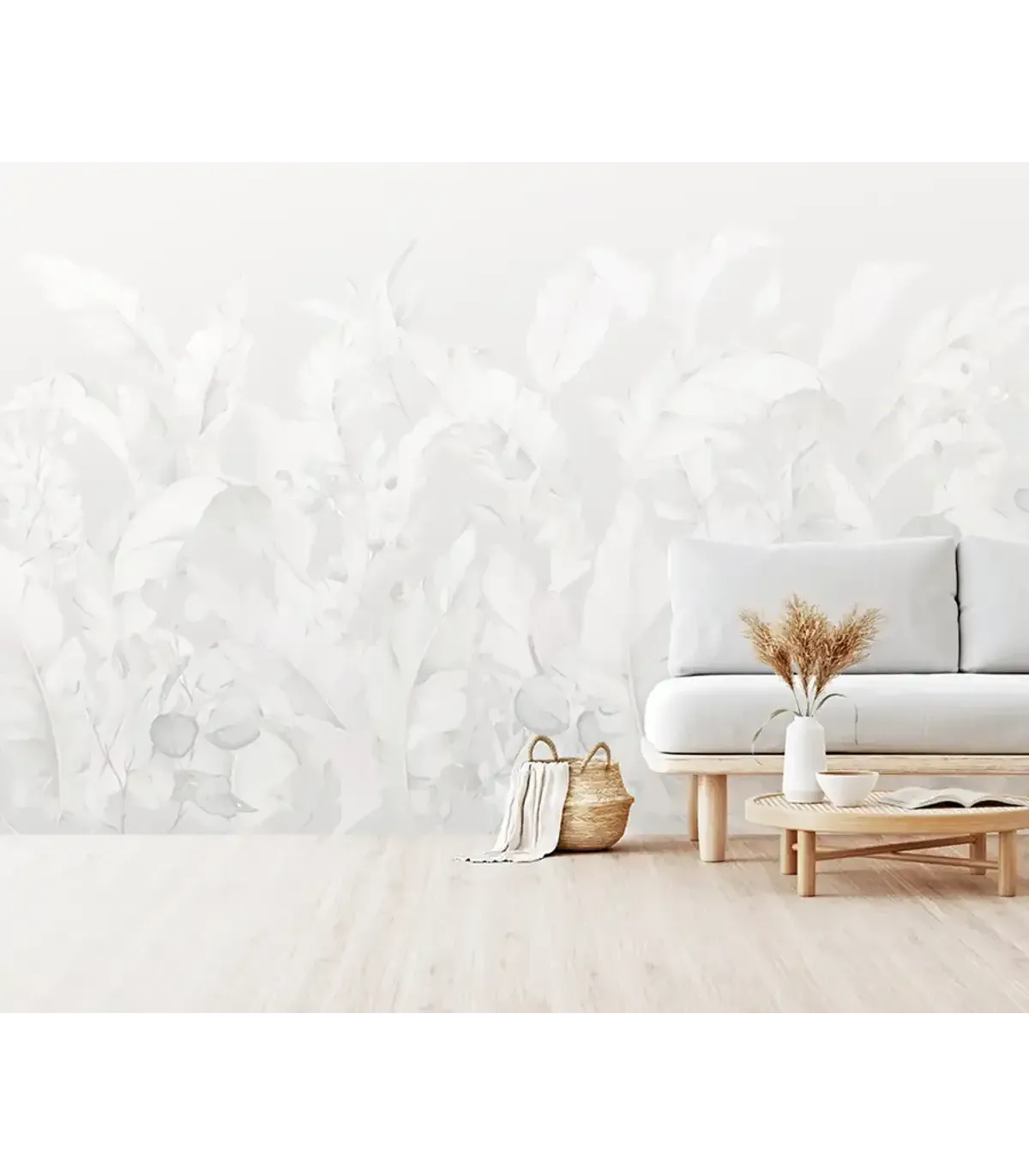 Panel digital hojas plataneras gris perla y blanco | Empapelarte