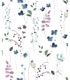 Papel pintado floral azul lila y turquesa fondo blanco Forest Empapelarte