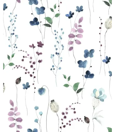 Papel pintado floral azul lila y turquesa fondo blanco Forest Empapelarte