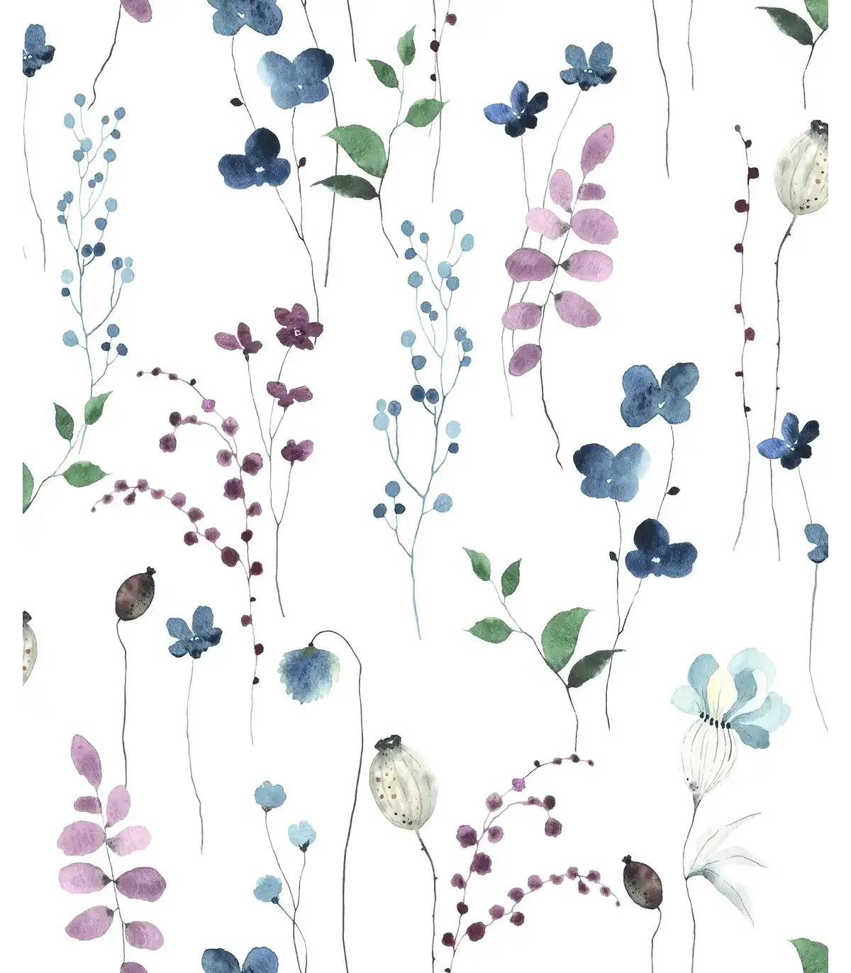 Papel pintado floral azul lila y turquesa fondo blanco Forest Empapelarte