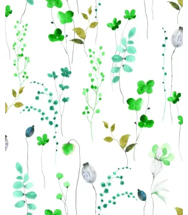 Papel pintado floral verde turquesa y ocre fondo blanco Forest Empapelarte