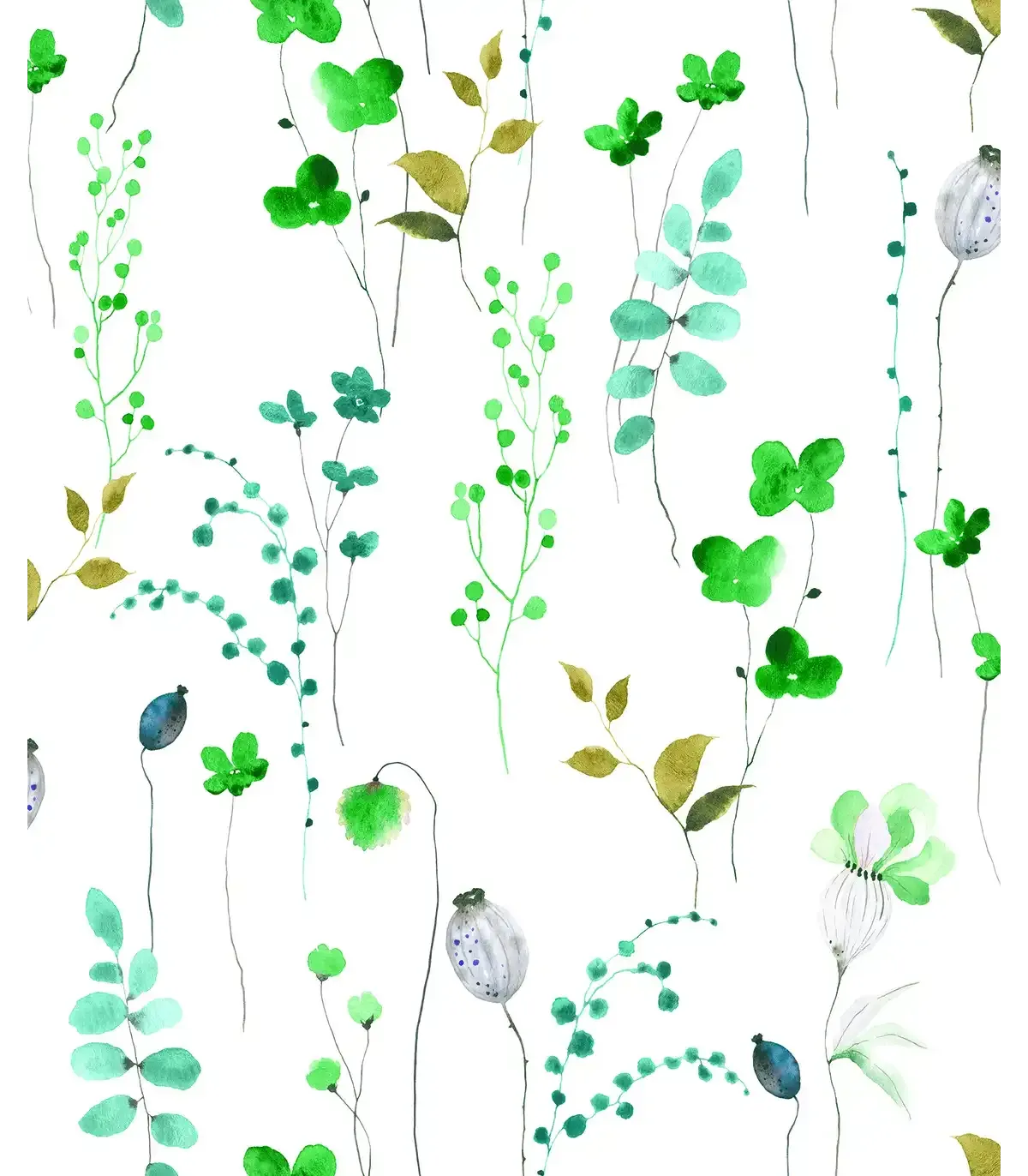 Papel pintado floral verde turquesa y ocre fondo blanco Forest Empapelarte