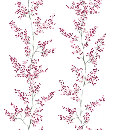 papel pintado flores grosella y ramas grises empapelarte