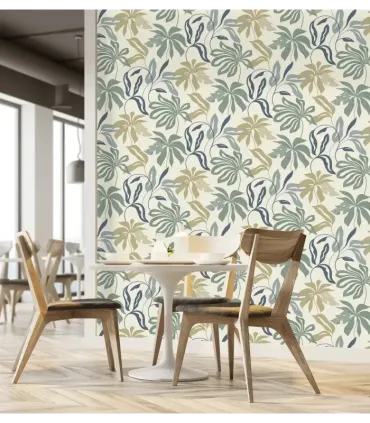 Papel pintado hojas grandes gris denim camel fondo blanco Spring Empapelarte