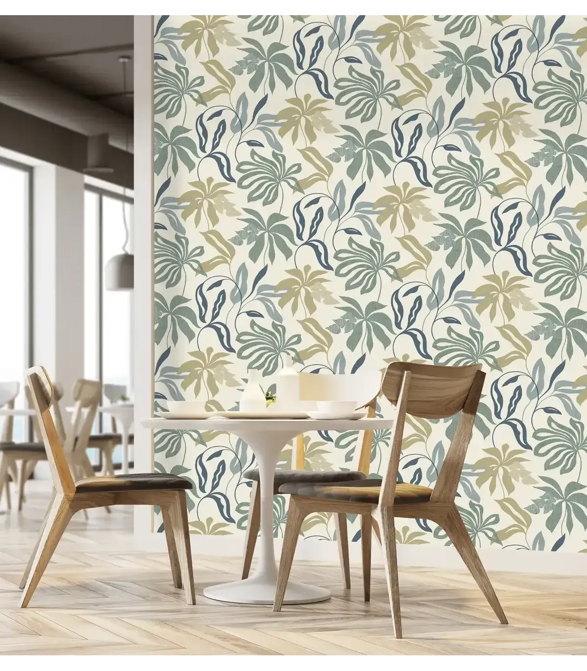 Papel pintado hojas grandes gris denim camel fondo blanco Spring Empapelarte